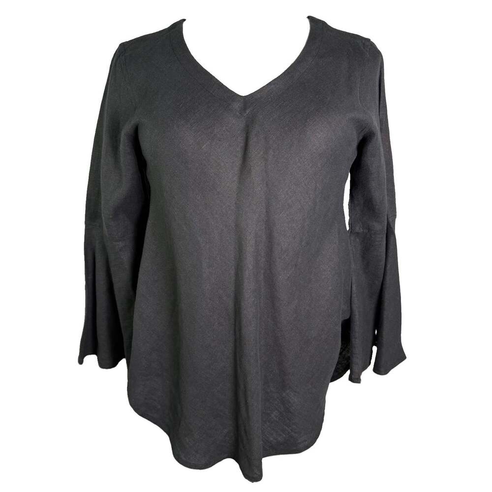 Crown Linen Designs L Large Black 100% European Linen Bell Sleeve V-Neck Top